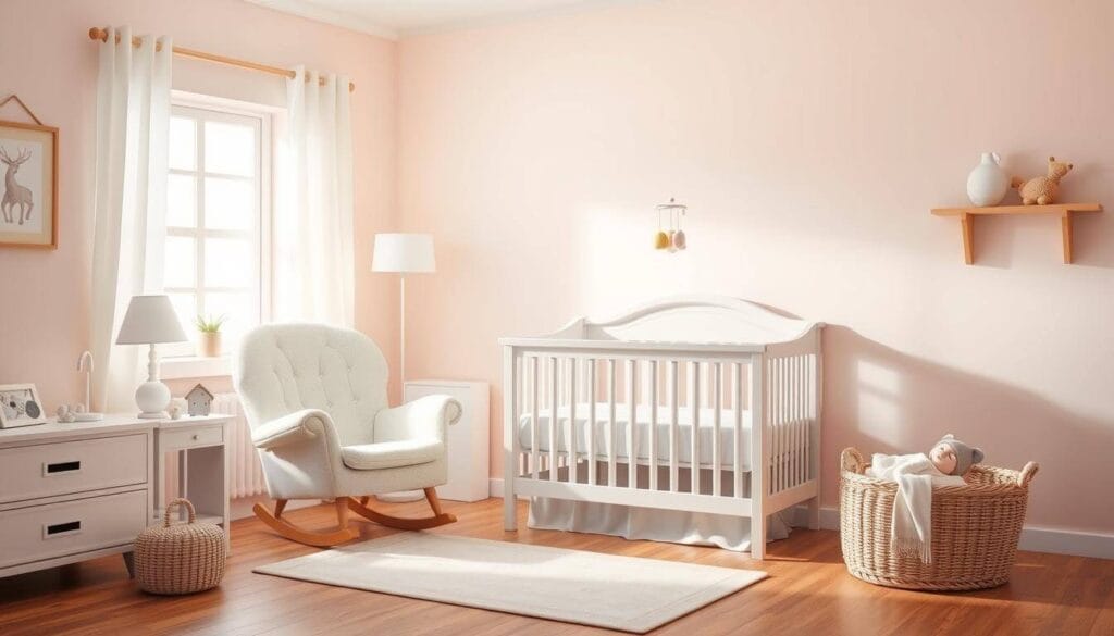 Quarto infantil decorado em tons pastéis, com poltrona de amamentação, luminária suave e brinquedos de pelúcia organizados, transmitindo tranquilidade e bem-estar.