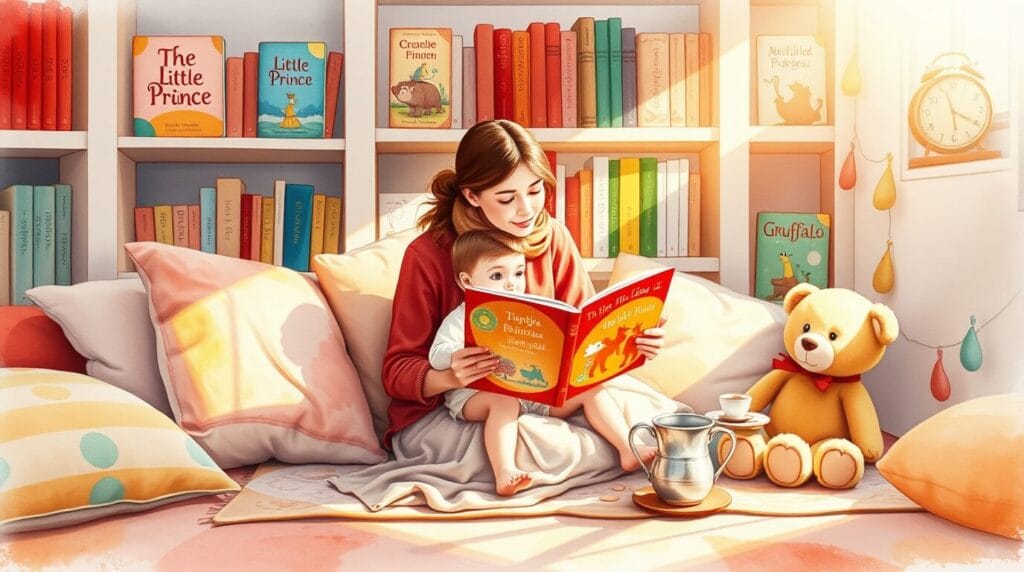 mãe e filho sentados num cantinho de leitura aproveitando os beneficios da literatura infantil