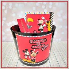 lembrancinha para festa da minnie e do mickey, baldinho de pipoca personalizado