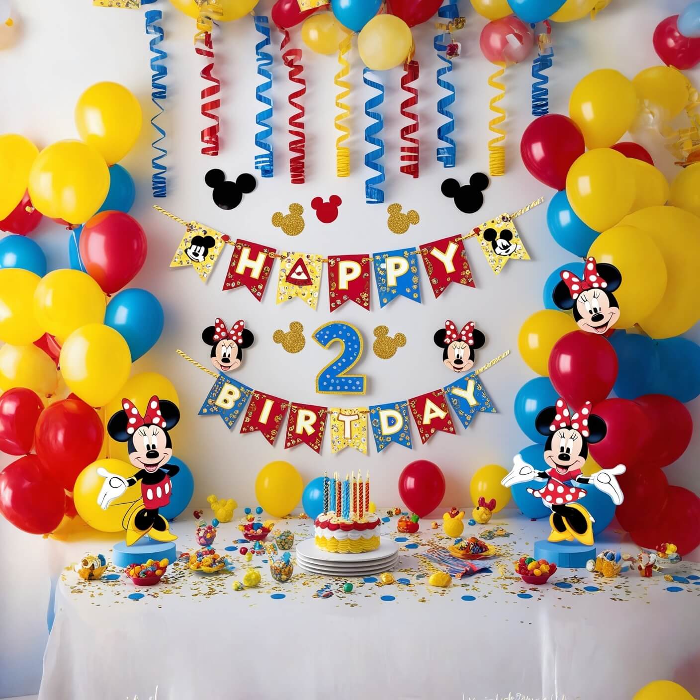 Idéia de decoração com azul para festa do Mickey e da Minnie